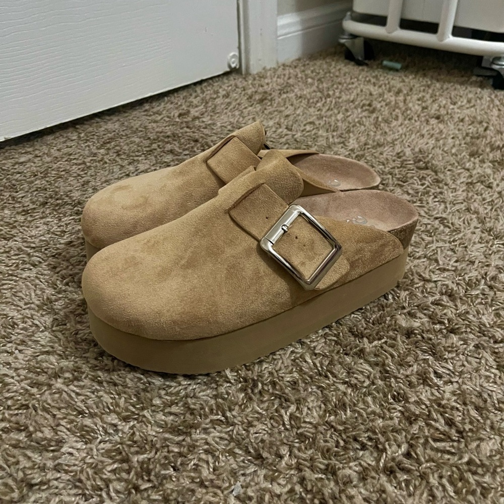 **SOLD** Madden NYC Tan Suede Platform Clogs with Buckle